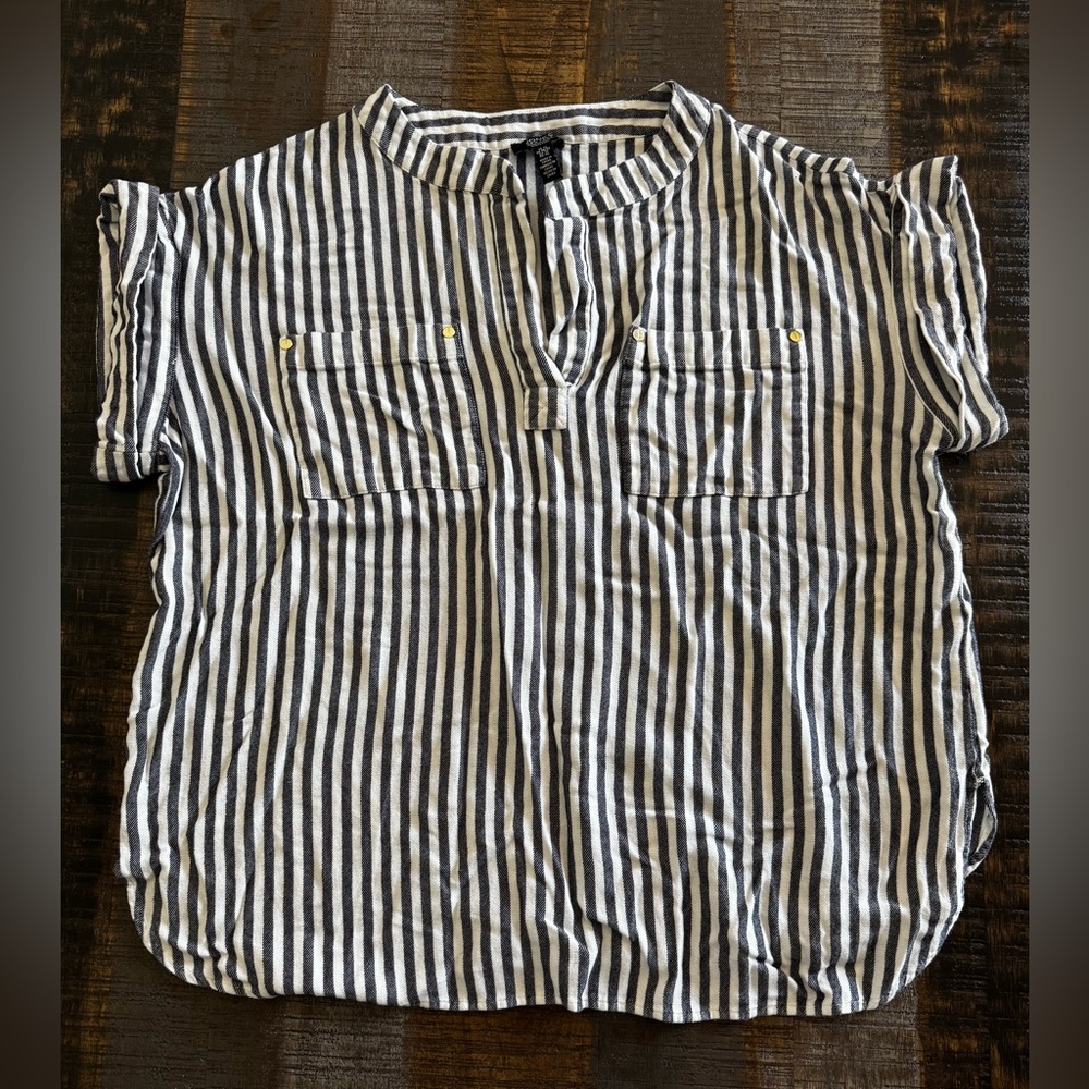 Jones New York Signature Rolled Sleeve Blouse Blue White Stripes Size 1X